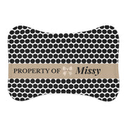 Black Polka Dot Personalized Dog Bowl Mat – Bone Shaped Pet Feeding Mat