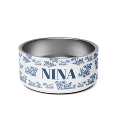 Blue Toile Personalized Dog Bowl – Custom Name Stainless Steel Dog Food & Water Bowl