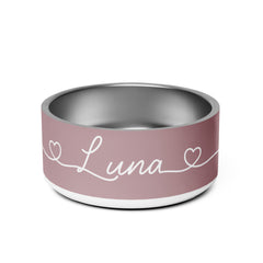 Dusty Rose Hearts Personalized Dog Bowl – Custom Name Stainless Steel Dog Food & Water Bowl