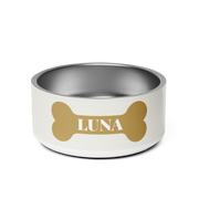 Off-White Gold Bone Personalized Dog Bowl – Custom Name Stainless Steel Dog Food & Water Bowl