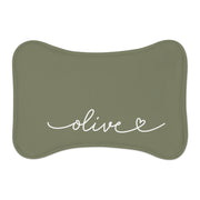 Olive Green Personalized Dog Bowl Mat – Bone Shaped Pet Feeding Mat