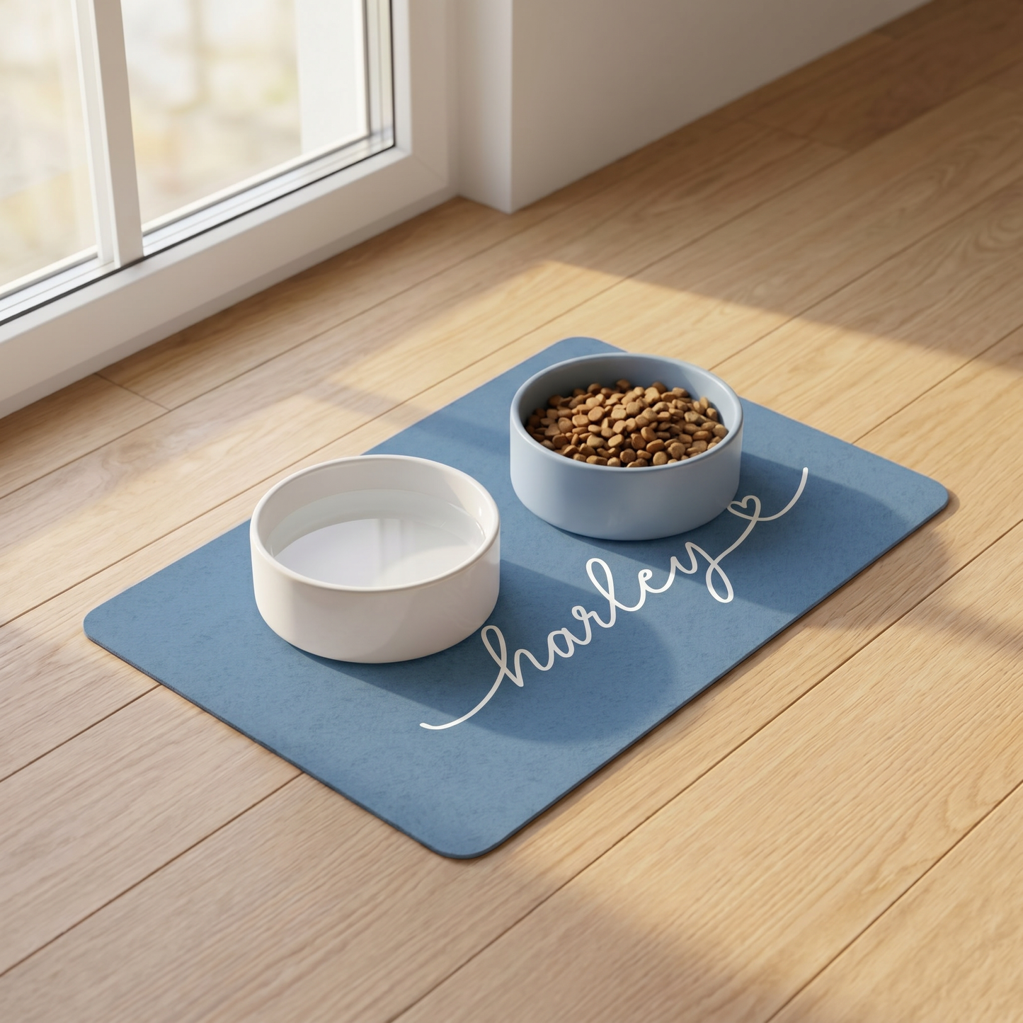 Close-up of handwritten name personalization on jeans blue dog food mat