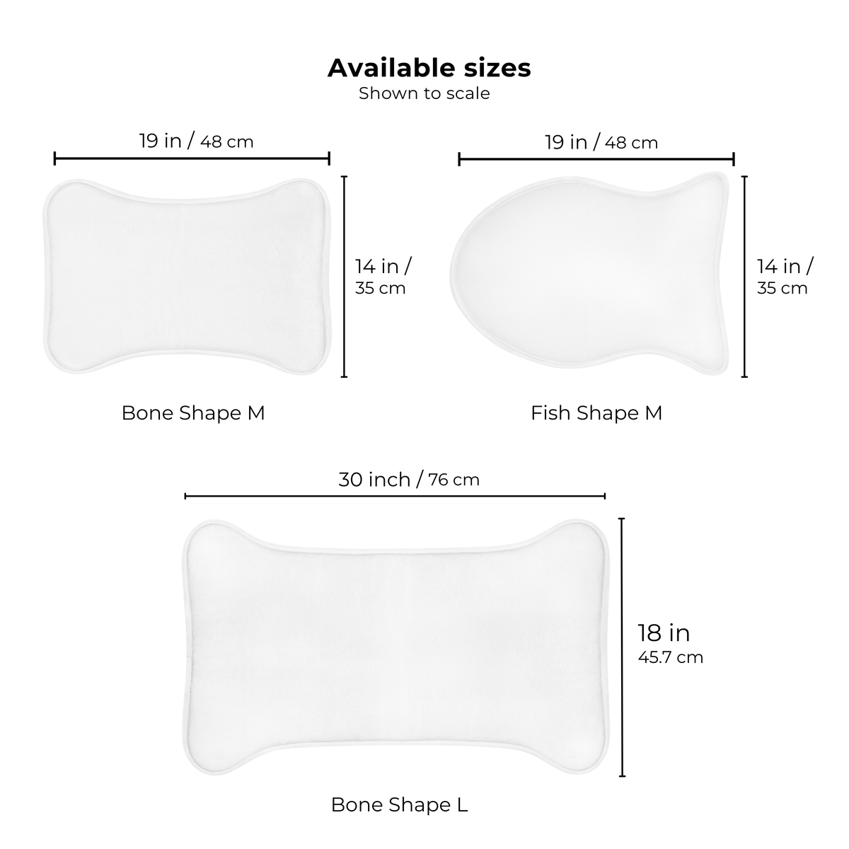 Available pet feeding mat sizes shown to scale: Bone Shape M 19 x 14 in, Fish Shape M 19 x 14 in and Bone Shape L 30 x 18 in