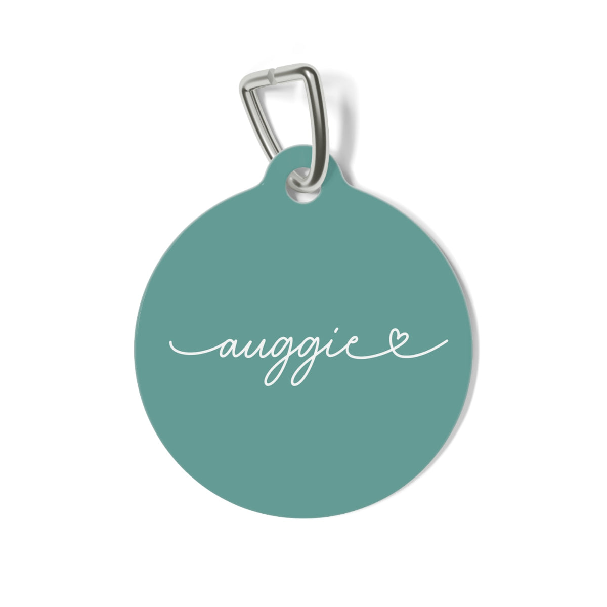 Jade green personalized dog name tag with a name in white script