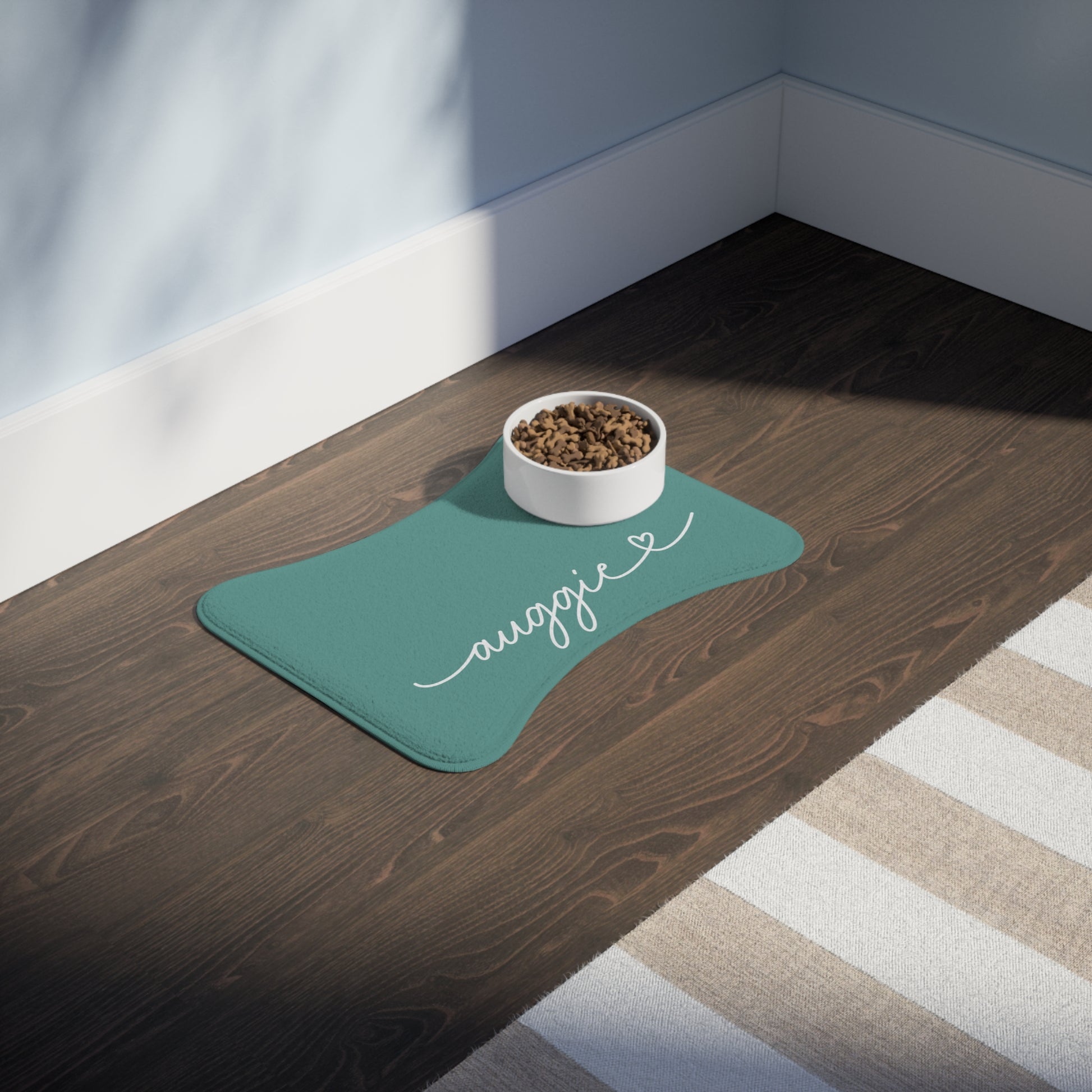 Personalized jade green dog food mat - lifestyle with dog bowl