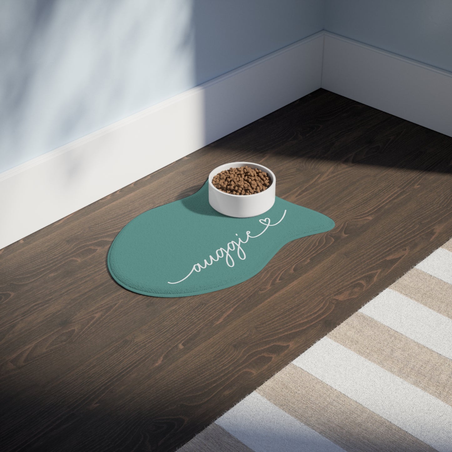 Personalized jade green dog food mat - with puppy