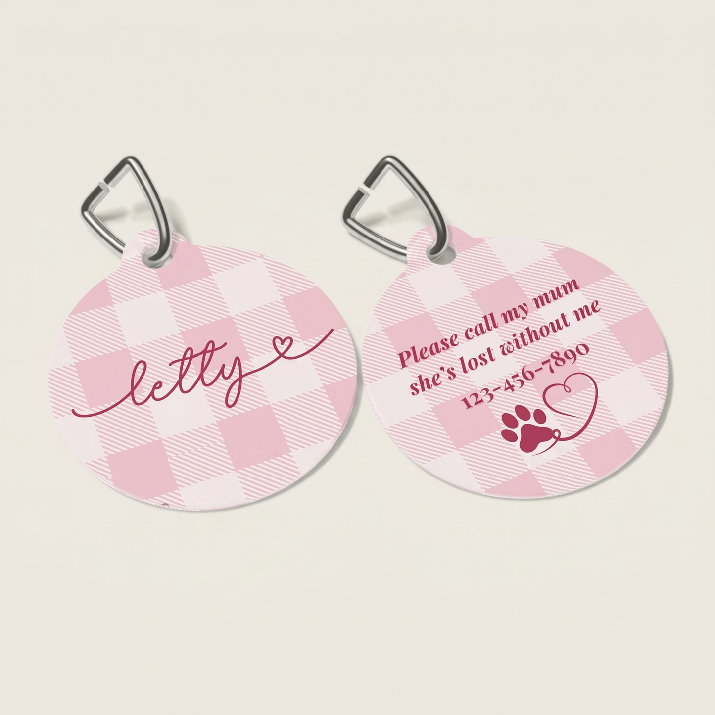 Personalized pink checkered dog tags