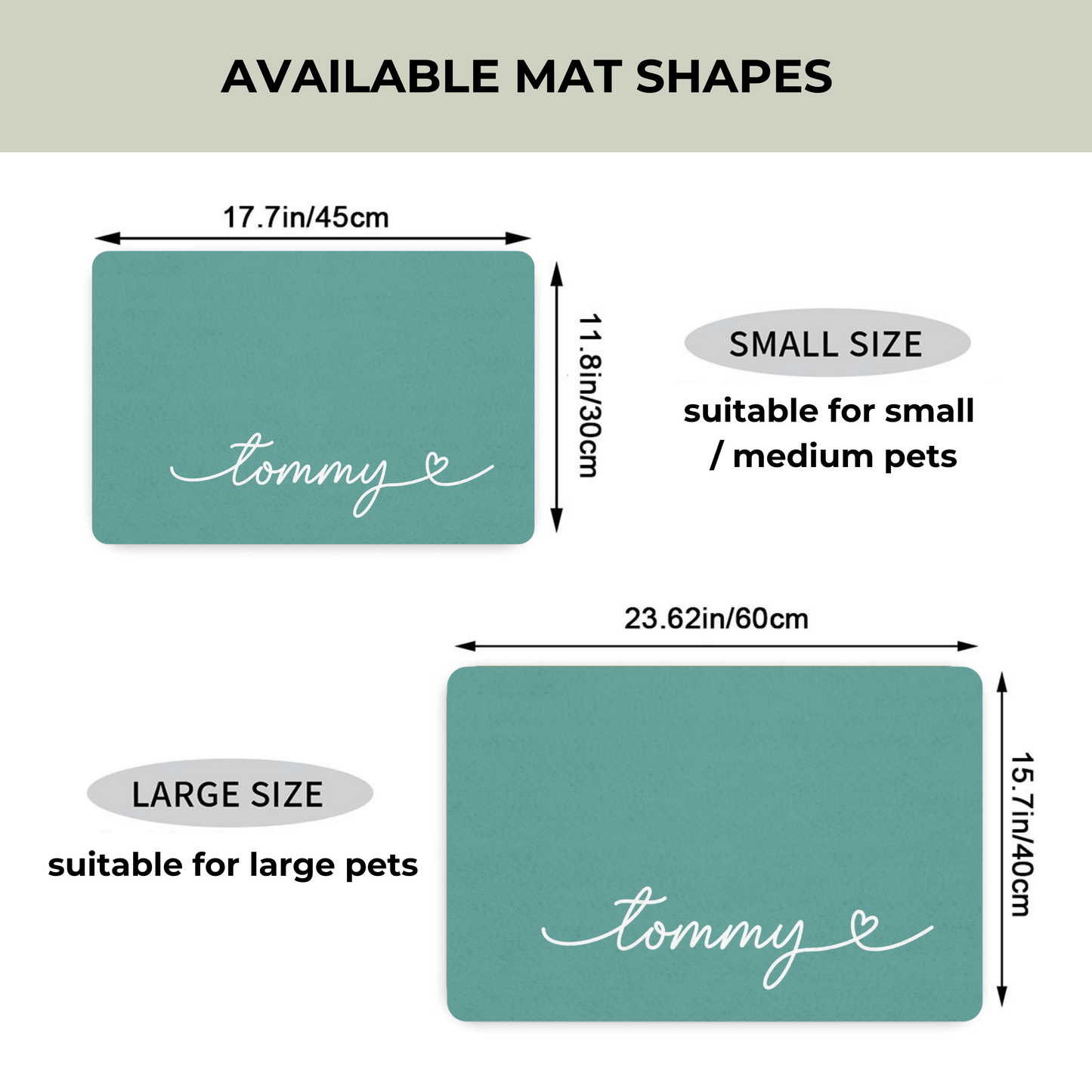 Two teal mats with 'tommy' branding, labeled small and large sizes with dimensions.