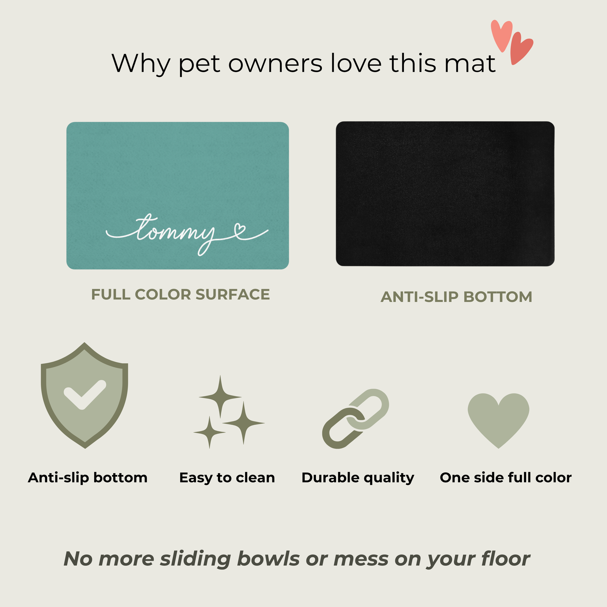 Info sheet about the jade green dog food mat with name