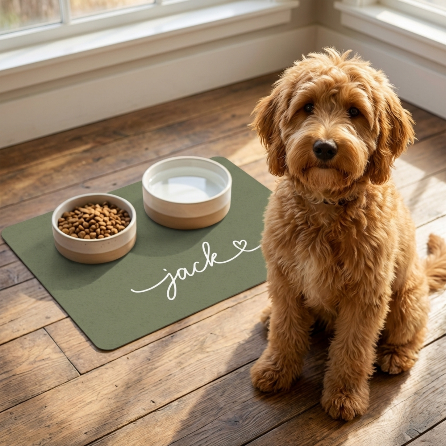 Custom Olive Green Dog Food Mat