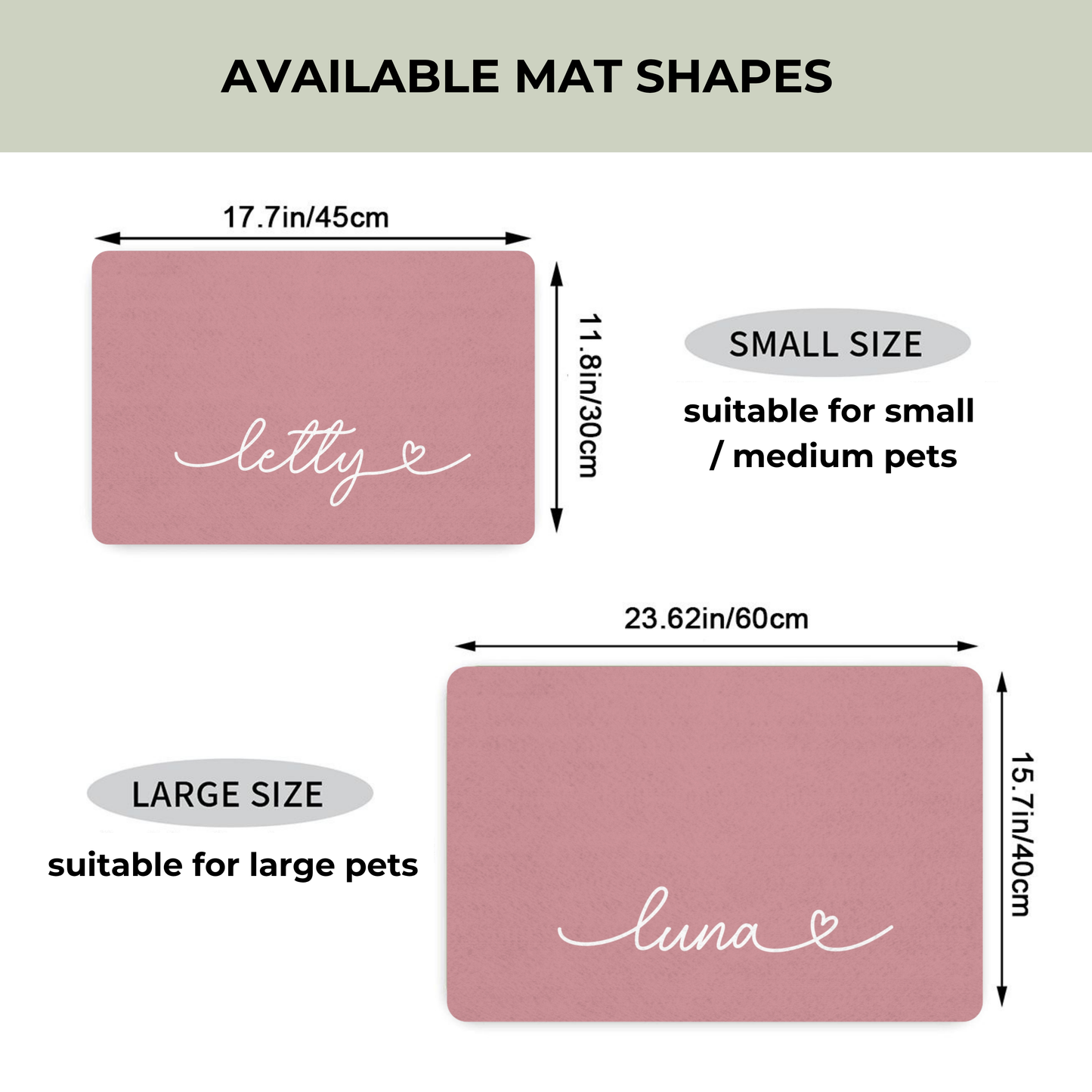 Two pink mats with 'letty' and 'luna' text, showing size chart on a white background.