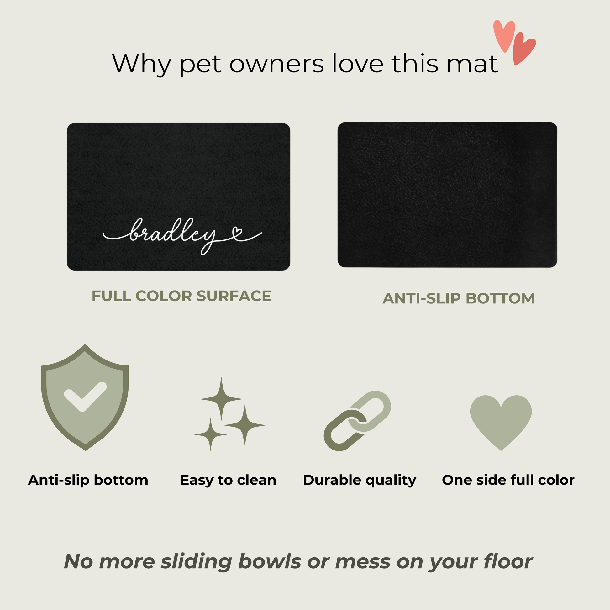 Black dog food mat with full color surface and anti-slip bottom, featuring text on why pet owners love it.
