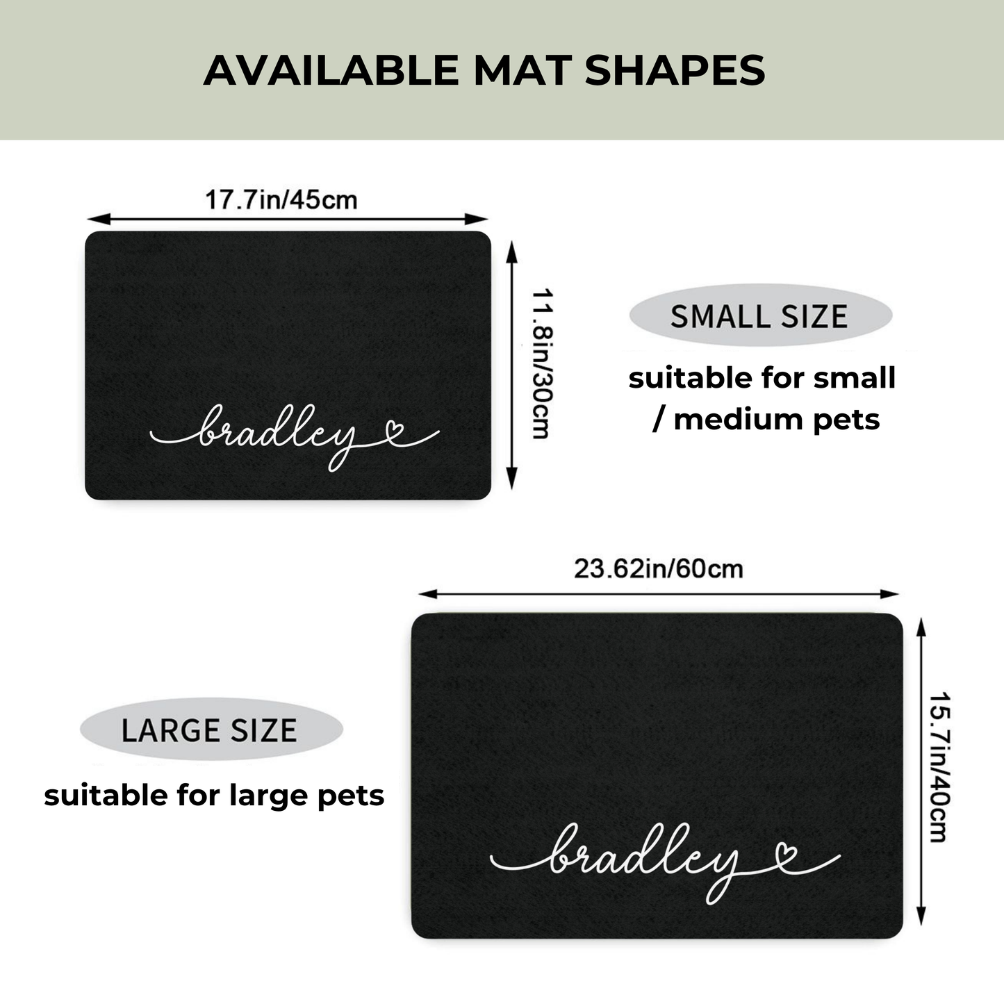 Measurement chart for black pet mats with 'bradley' branding, showing small and large sizes.