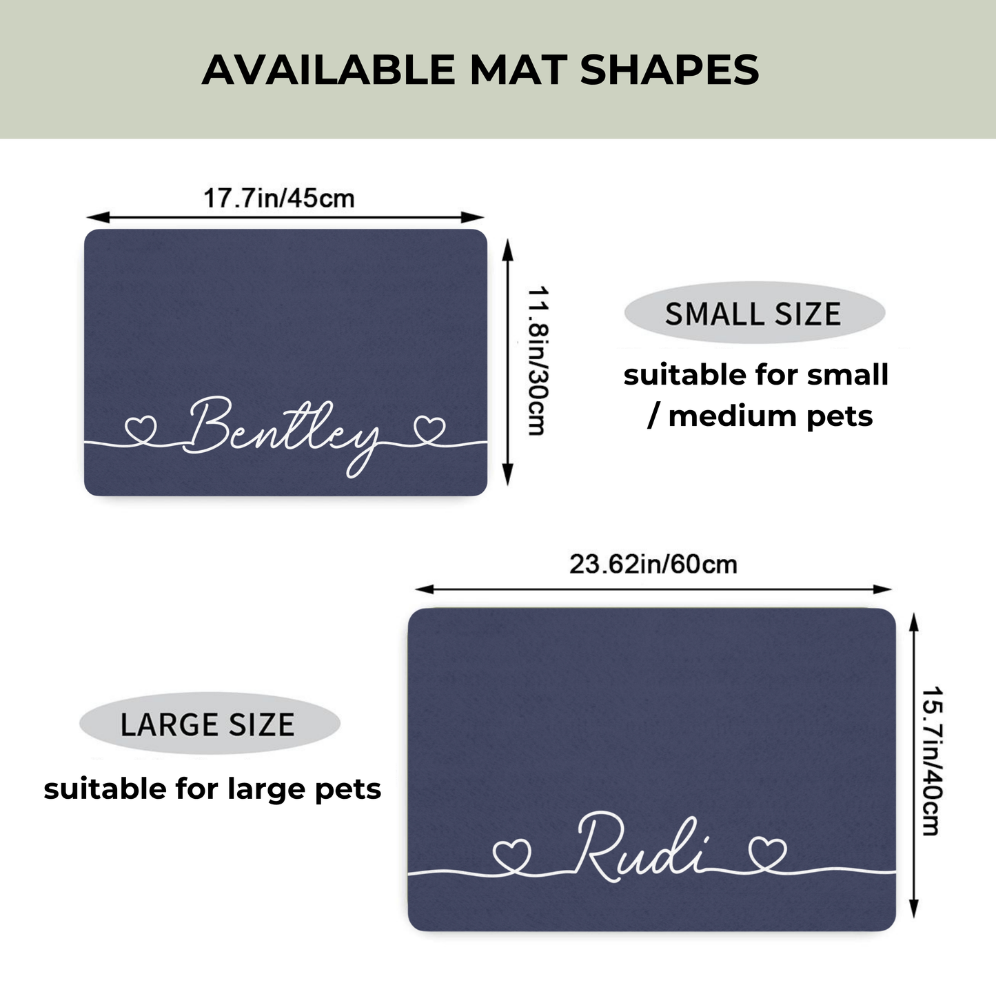 Measurement chart for pet mats with 'Bentley' and 'Rudi' branding on a white background.