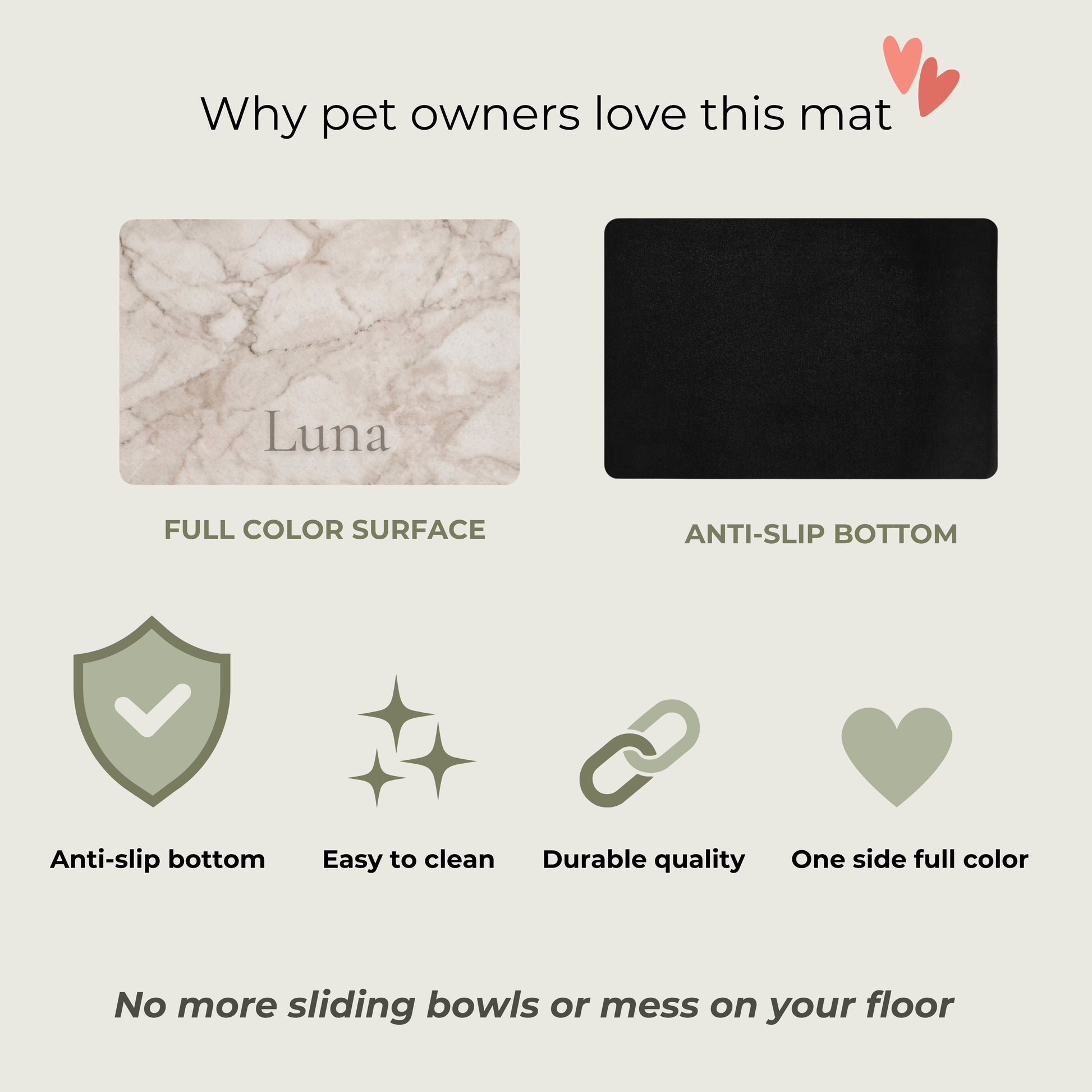 Product description of a mat with 'Luna' branding, highlighting features like full color surface and anti-slip bottom.