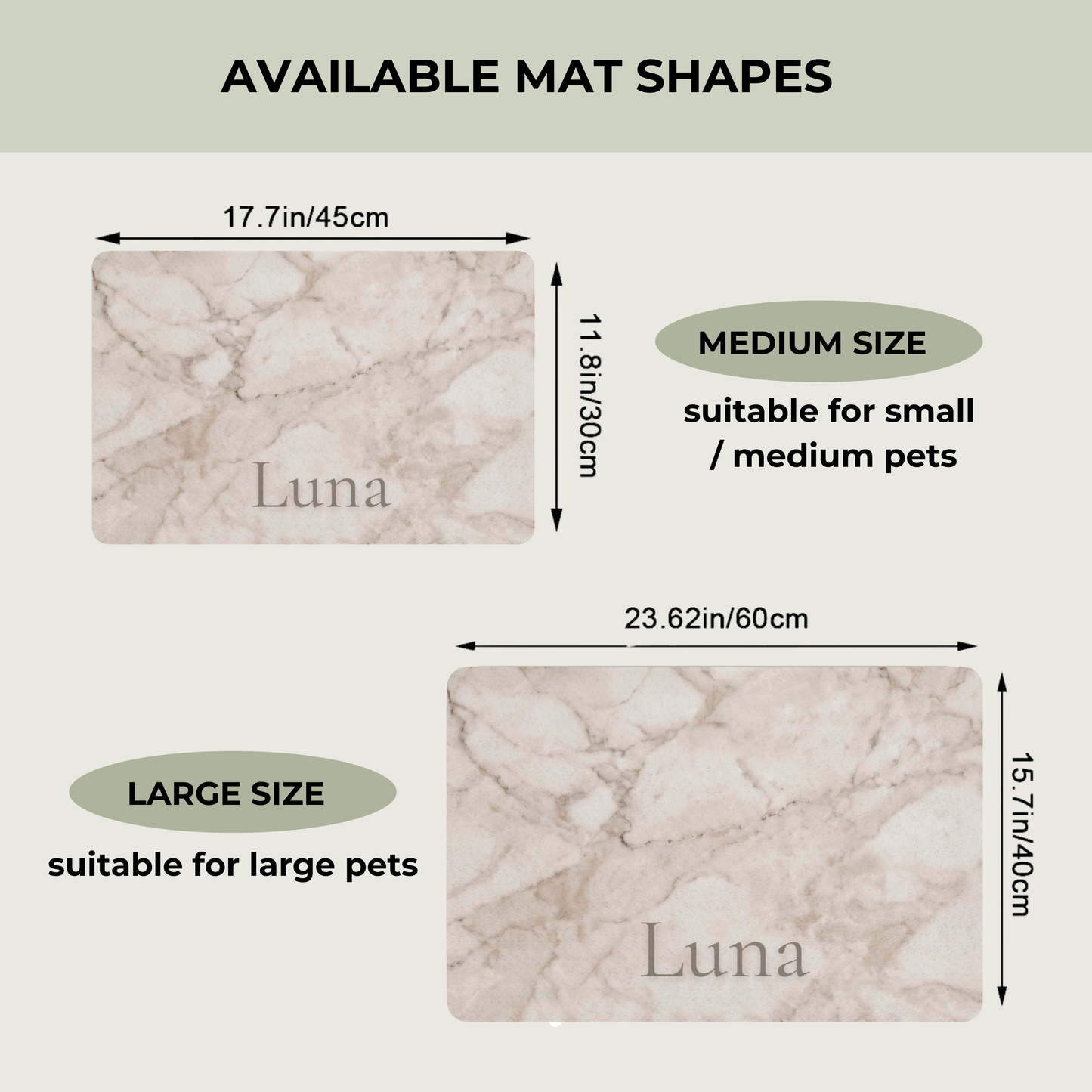 Diagram showing different sizes of 'Luna' mats with measurements on a beige background.