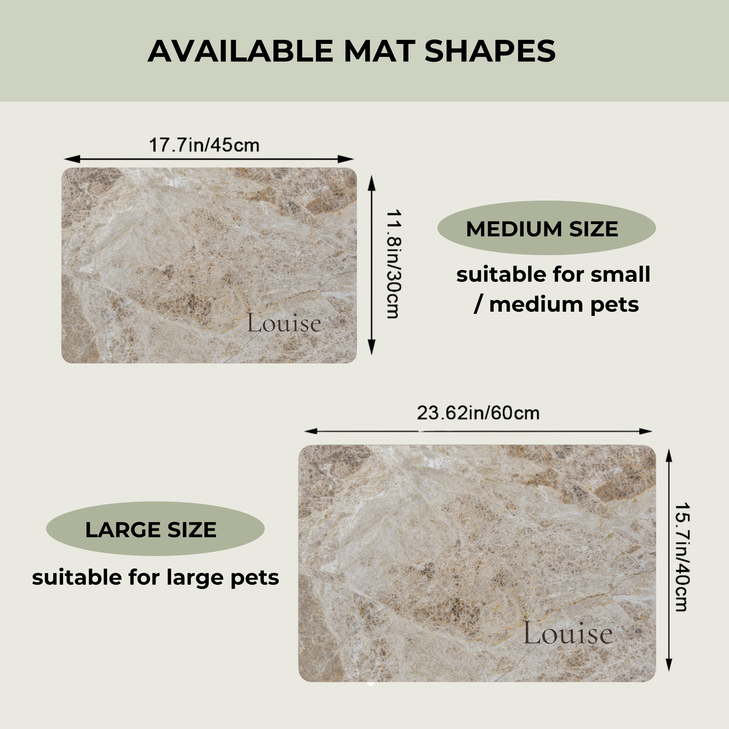 Measurement chart for pet mats with 'Louise' branding, showing medium and large sizes.