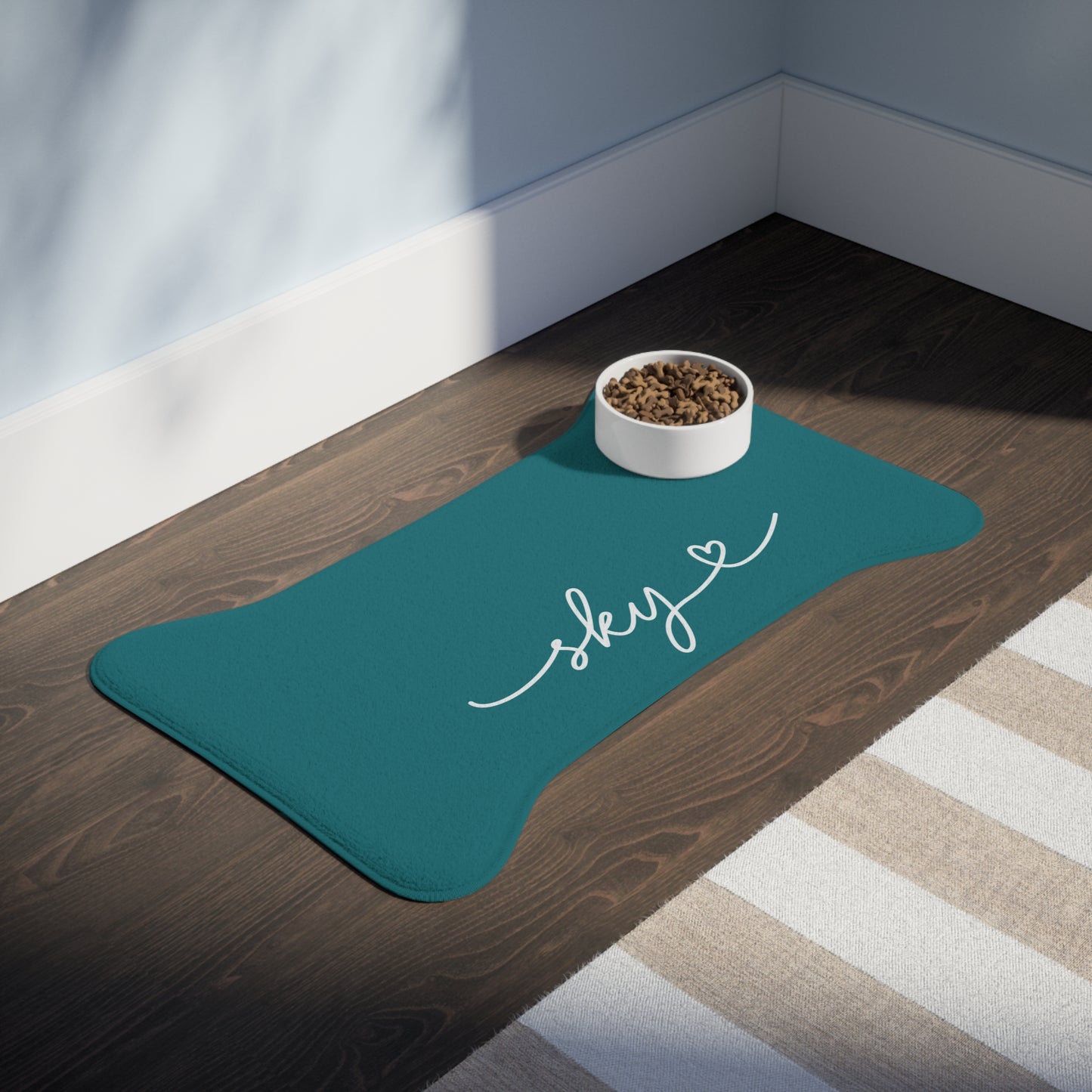 Personalized Light Teal Dog Food Mat