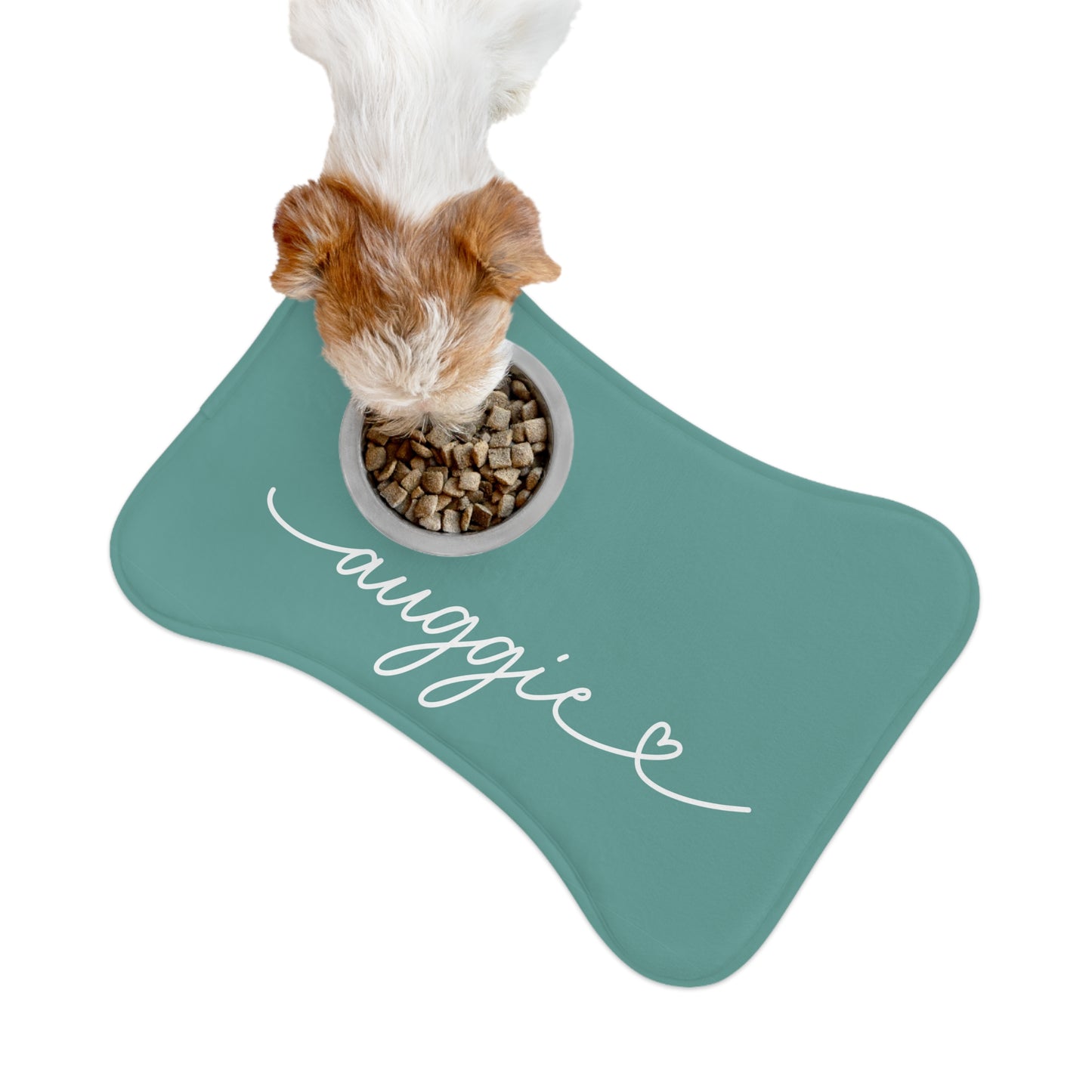 Personalized jade green dog food mat - angle view