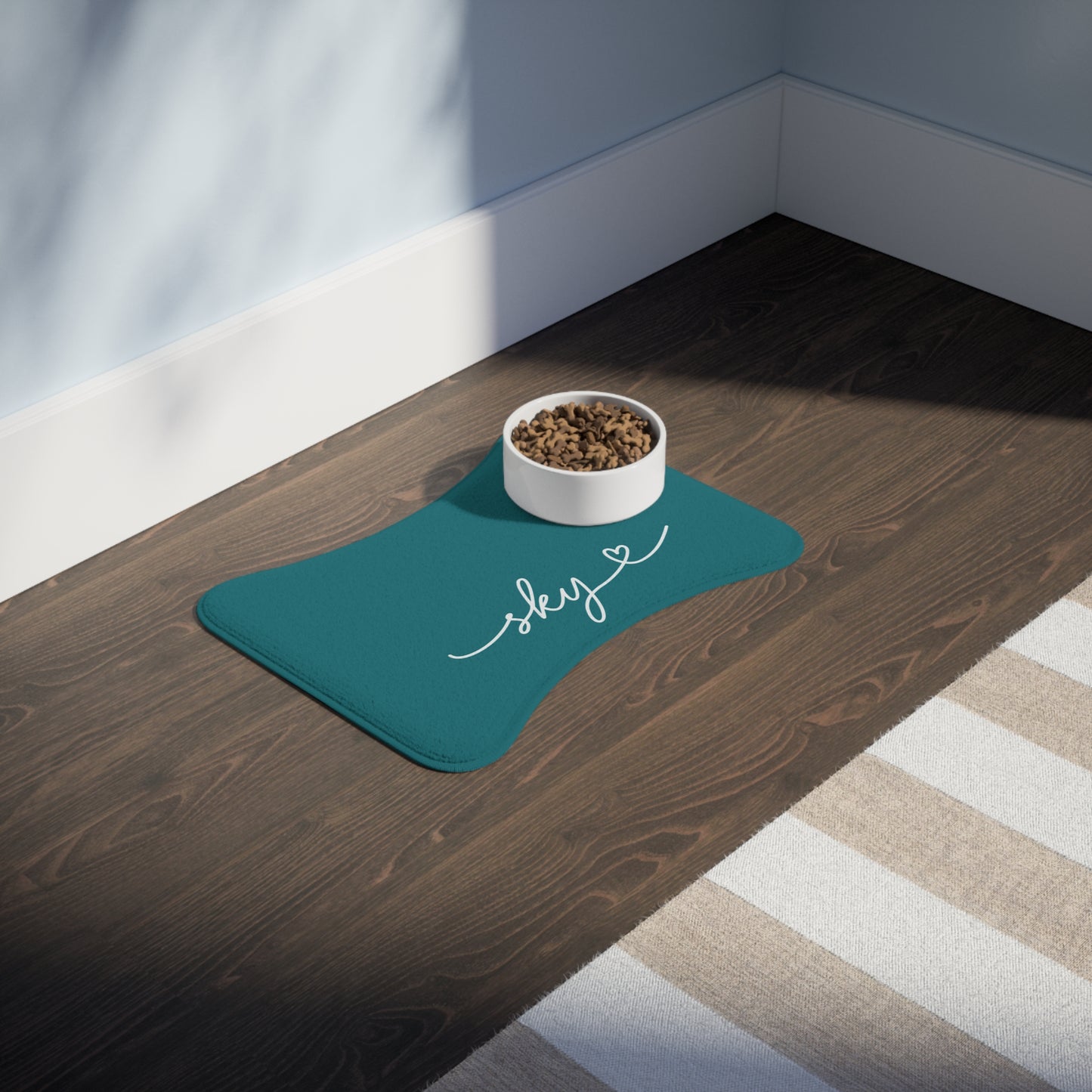 Personalized Light Teal Dog Food Mat