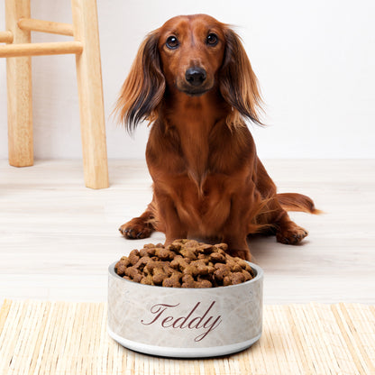 Dachshund sitting behind a beige marble personalized dog bowl filled with kibble