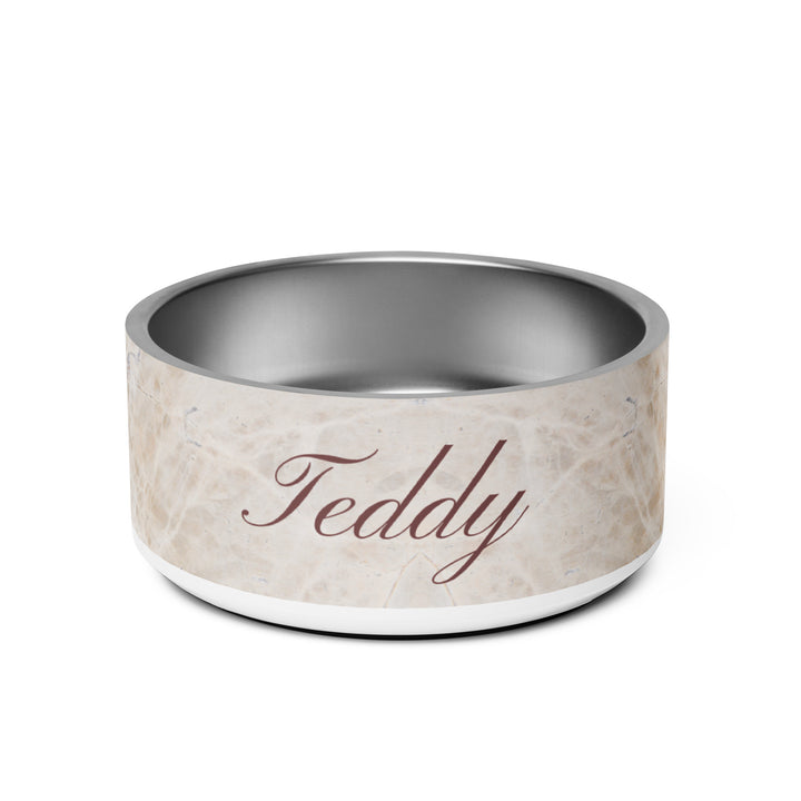 Beige marble personalized dog bowl with the name Teddy in elegant brown calligraphy