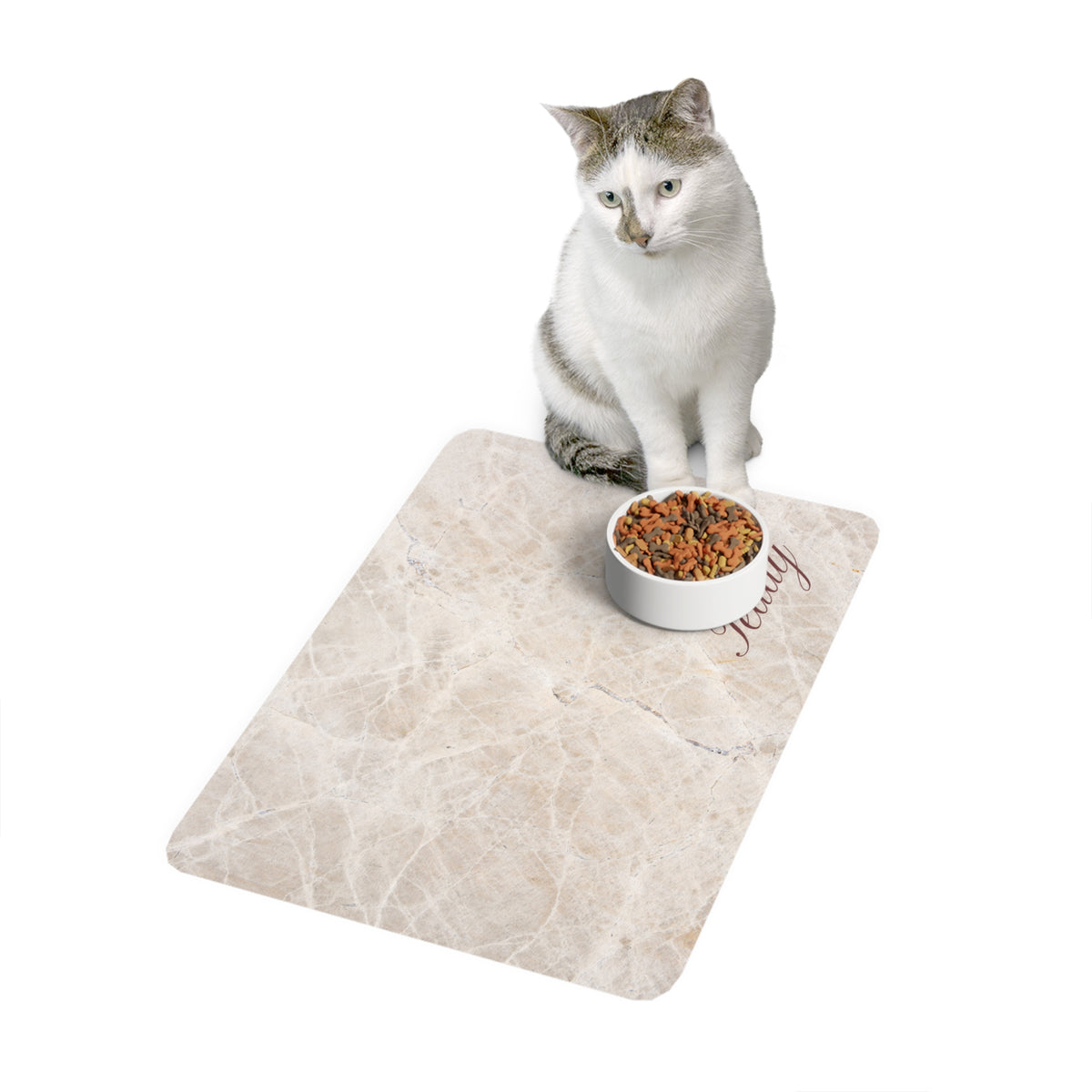 Non-slip black backing of the personalized pet food mat
