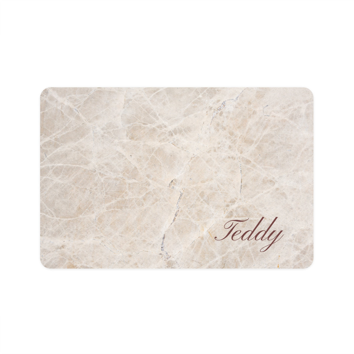 Beige marble rectangle personalized pet food mat with the name Teddy in elegant script
