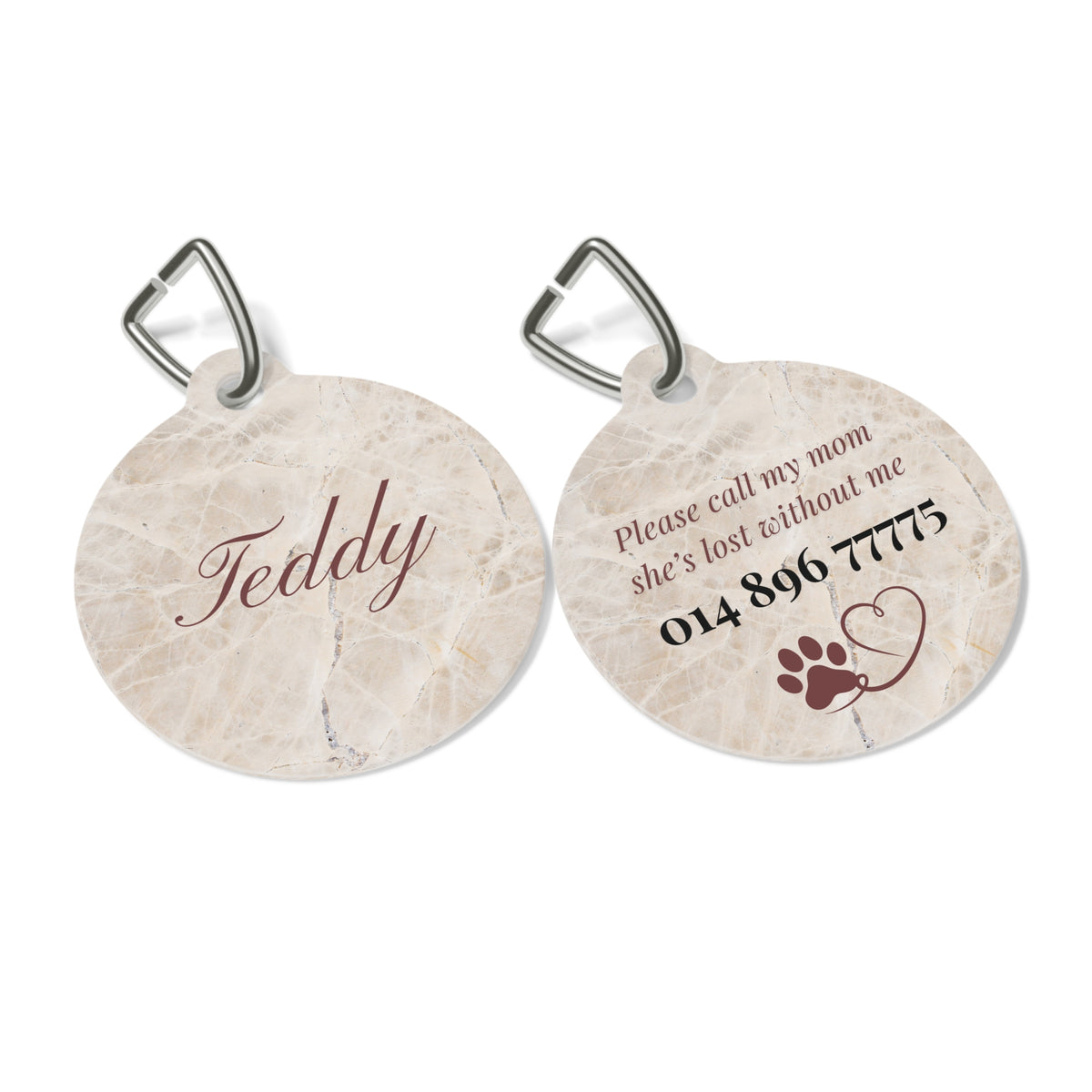Front and back of the beige marble personalized pet tag side by side