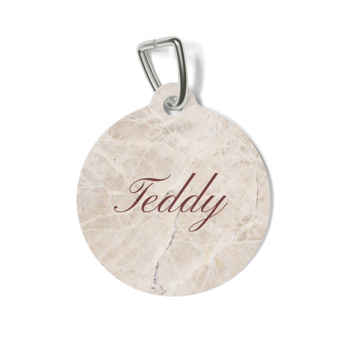 Beige marble personalized pet tag with the name Teddy in elegant script
