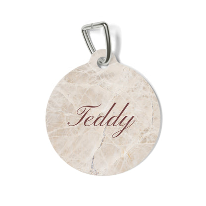 Beige marble personalized pet tag with the name Teddy in elegant script