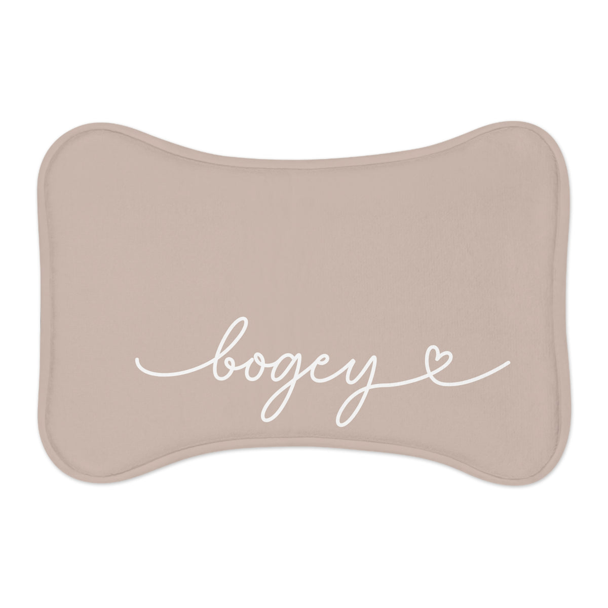 Beige bone-shaped personalized pet feeding mat with the name Bogey in white handwritten script and a small heart