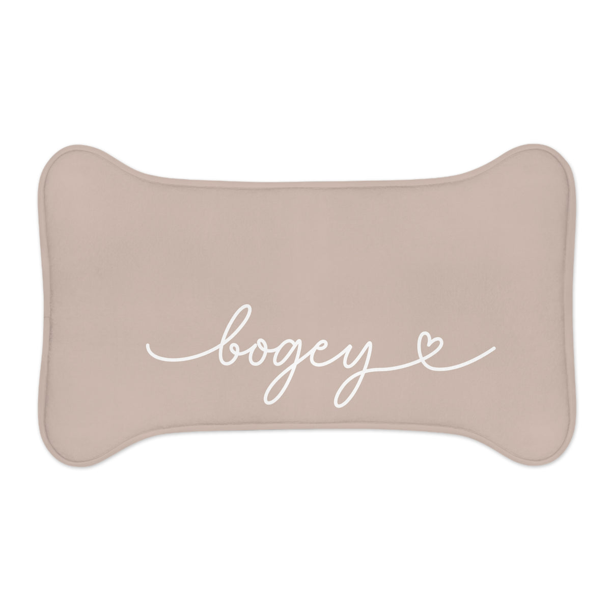 Small beige bone-shaped personalized pet feeding mat with the name Bogey in white script