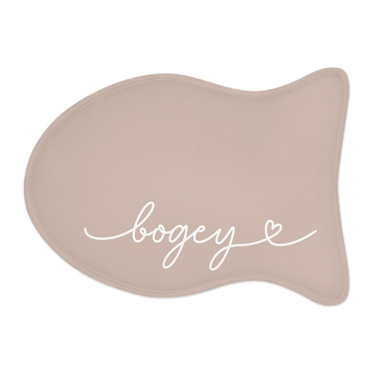 Beige fish-shaped personalized pet feeding mat with the name Bogey in white handwritten script
