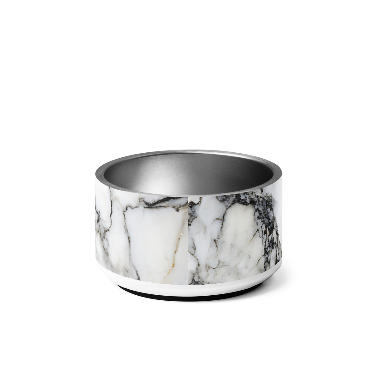 Back of the 18 oz black and gold marble personalized dog bowl with dark marble veins