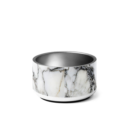 Back of the 18 oz black and gold marble personalized dog bowl with dark marble veins