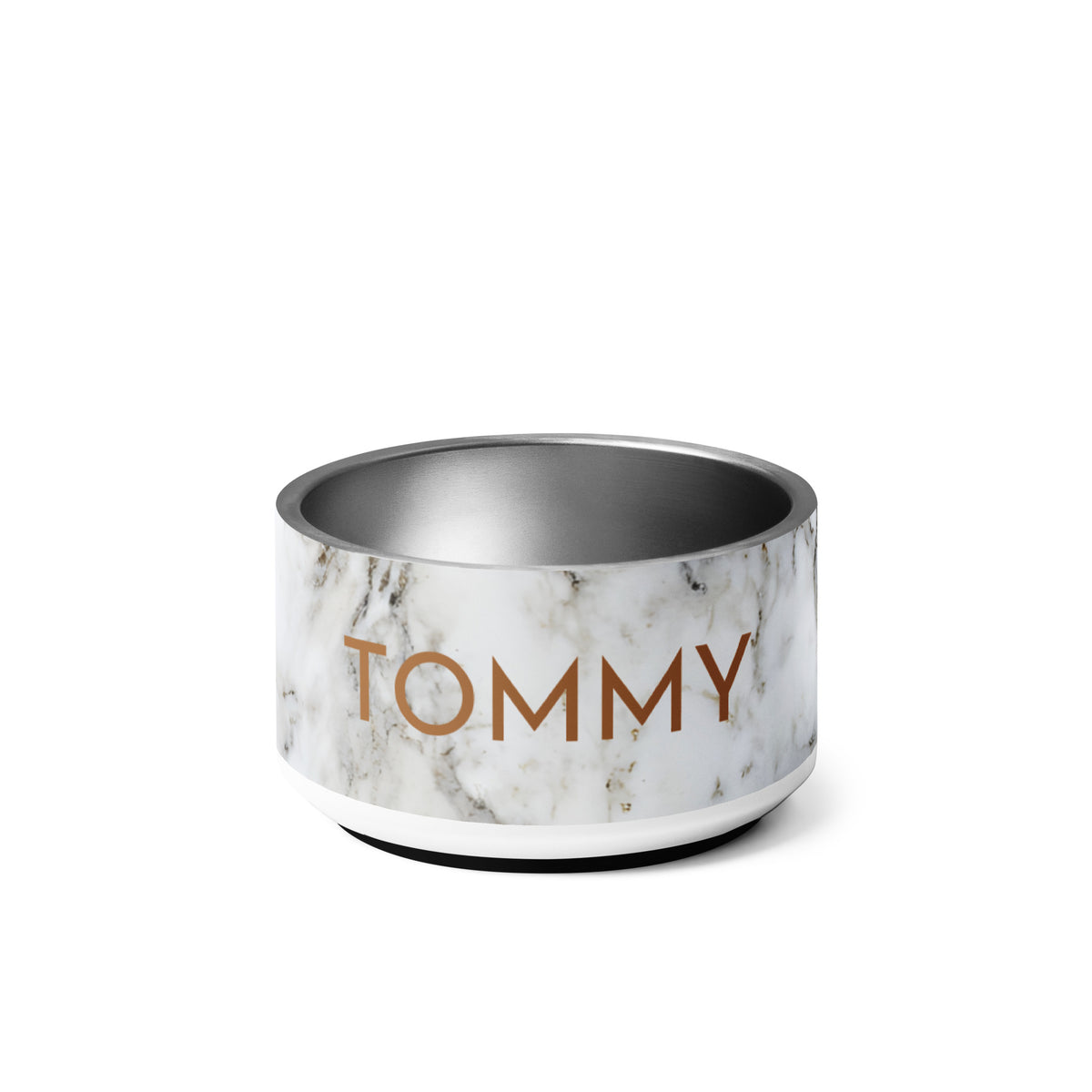 Black and gold marble personalized dog bowl with the name Tommy, 18 oz stainless steel, front view