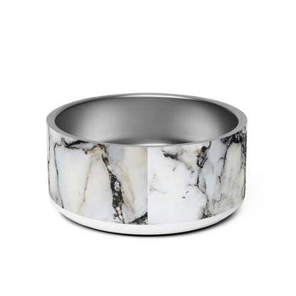 Back of the 32 oz black and gold marble personalized dog bowl with dark marble veins