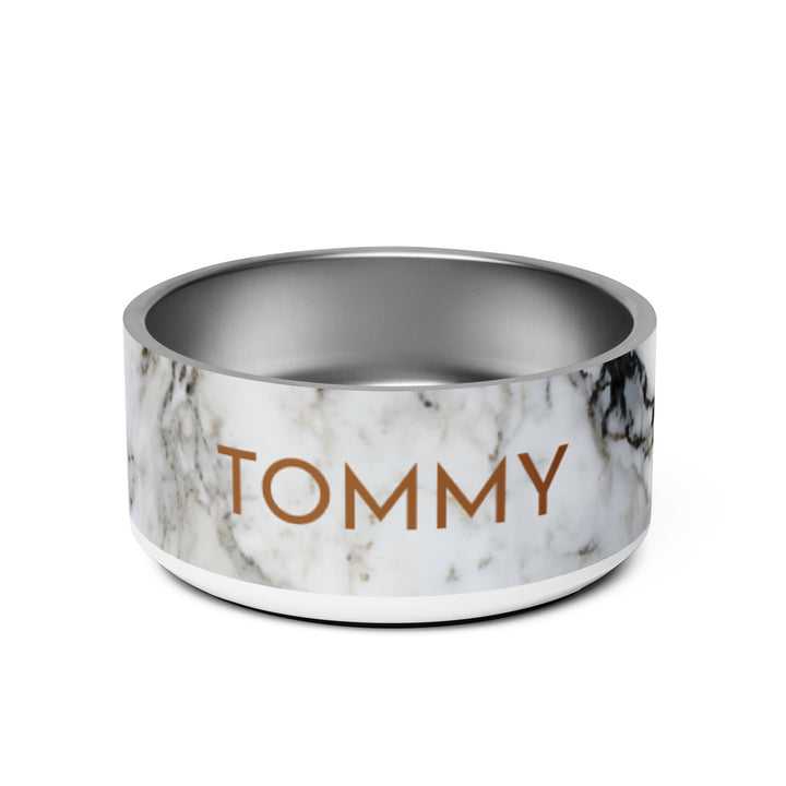 Black and gold marble personalized dog bowl with the name Tommy in brown lettering, 32 oz stainless steel, front view