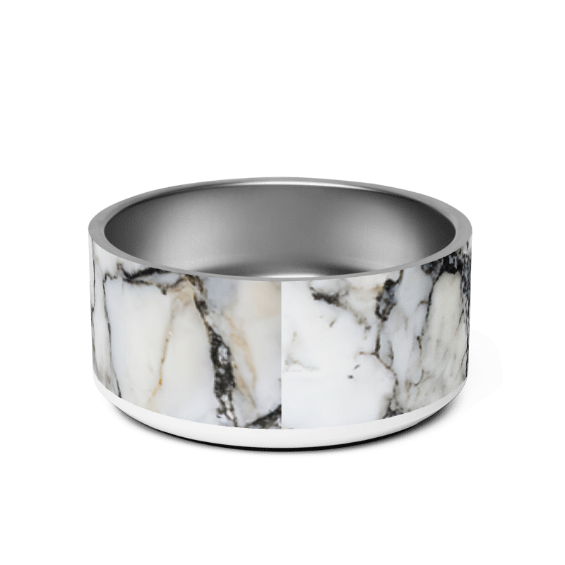 Back view of the black and gold marble personalized stainless steel dog bowl