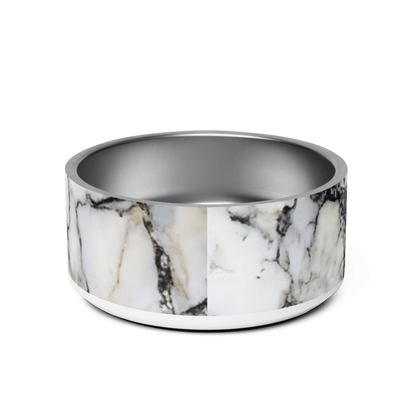 Back view of the black and gold marble personalized stainless steel dog bowl