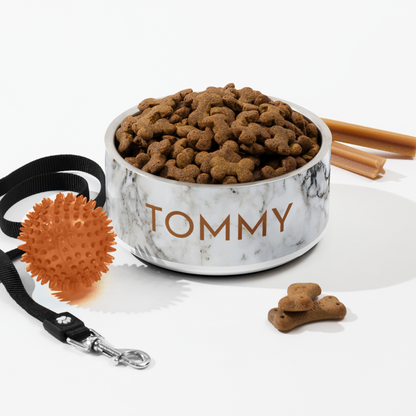 Black and gold marble personalized dog bowl with kibble next to a leash, ball and dog treats