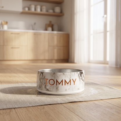 Black and gold marble personalized dog bowl on the floor of a bright, minimal kitchen