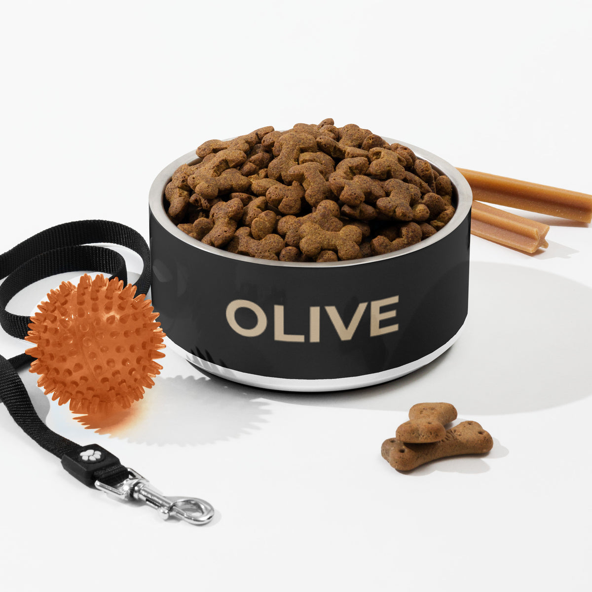 Large black and gold modern personalized dog bowl with kibble, a leash, a ball and dog treats