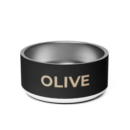 Black and gold modern personalized stainless steel dog bowl 32 oz with the name Olive in gold capitals