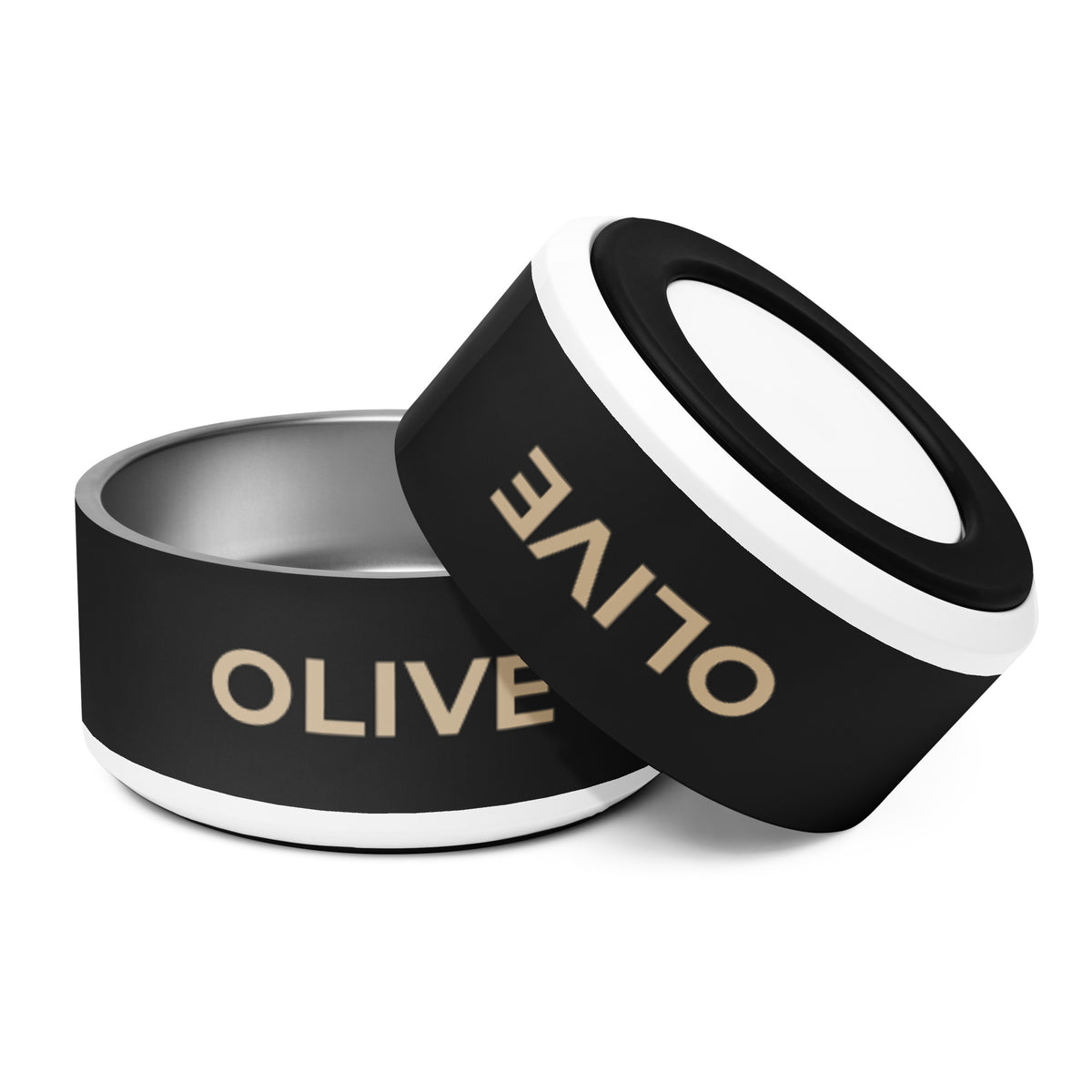 Two large black and gold modern personalized dog bowls with the name Olive, one tilted to show the rim