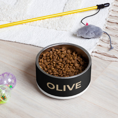 Black and gold modern personalized dog bowl filled with kibble on a rug next to a pet toy