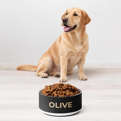 Golden retriever sitting behind a black and gold modern personalized dog bowl with the name Olive
