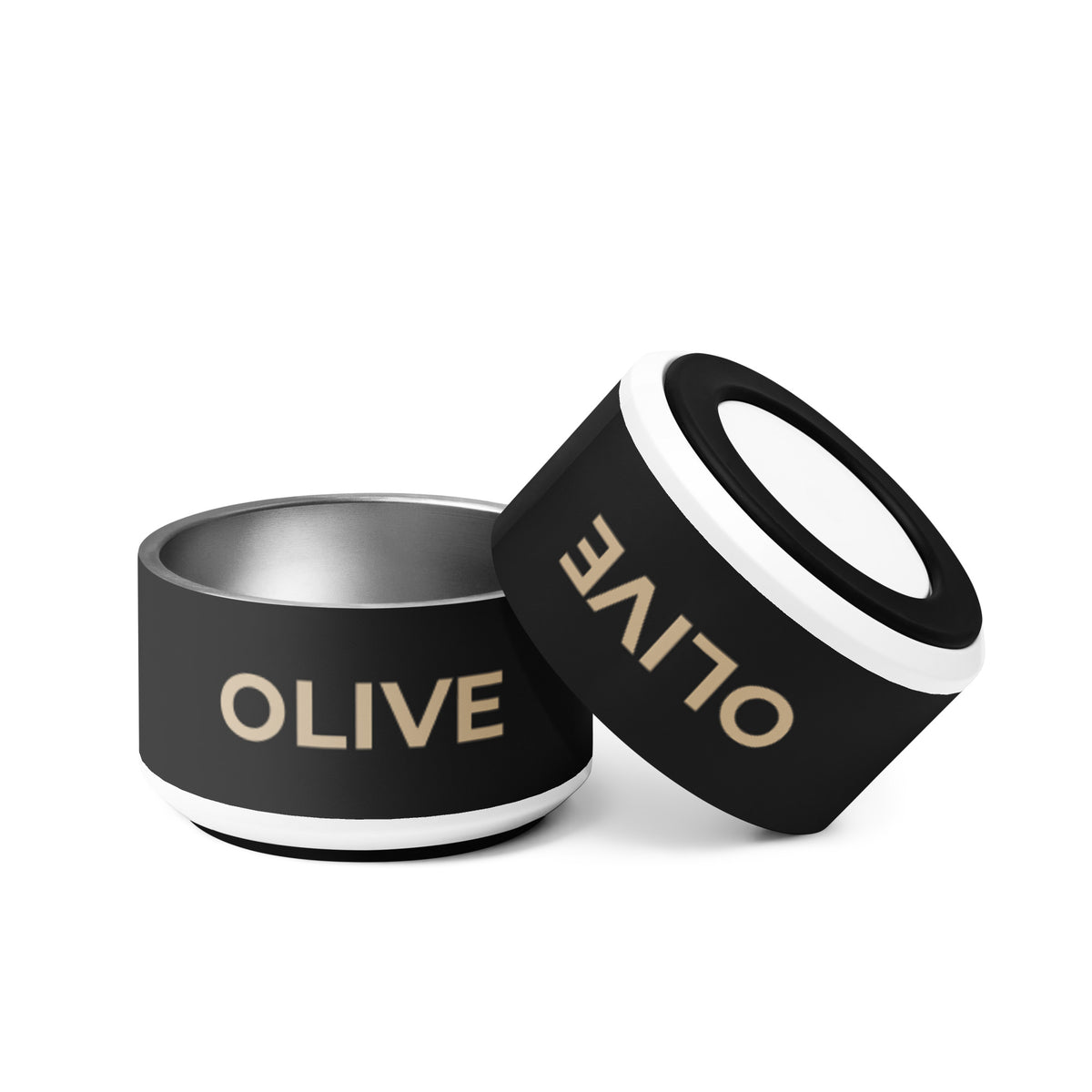 Two black and gold modern personalized dog bowls with the name Olive, one tilted to show the rim