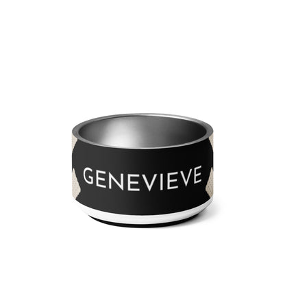Black biscuit personalized dog bowl 18 oz with the name Genevieve in white capitals
